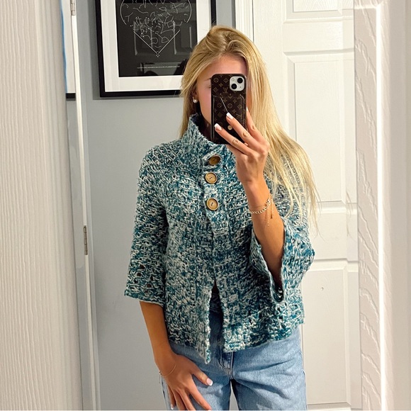 Free People Sweaters - Free People Green & White Sweater Cardigan 3/4 Sleeves
